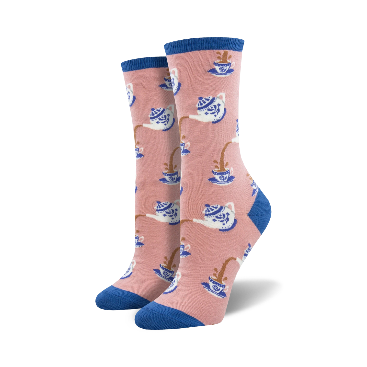 Pair of crew socks in pink and blue, featuring a pattern of teapots pouring tea into cups.