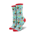 Pair of crew socks in teal and red, featuring a repeating pattern of pixelated garden gnomes carrying baskets, tulips, and suns.