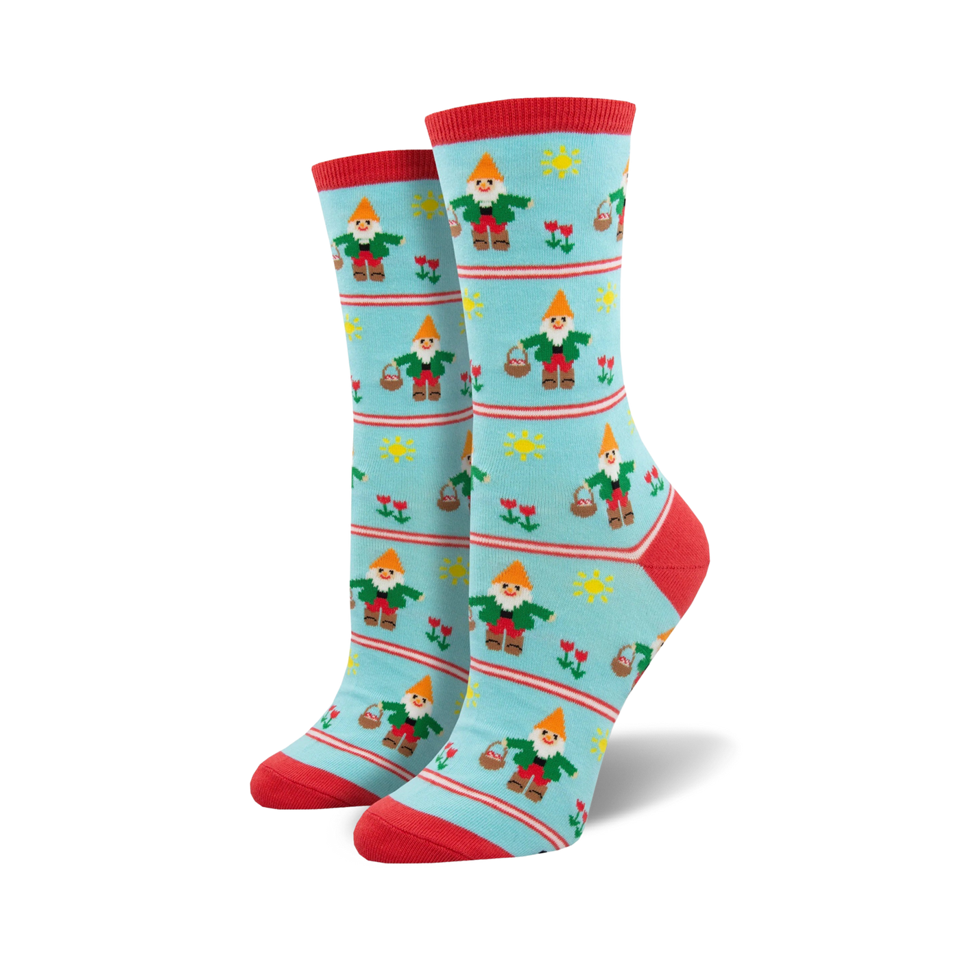 Pair of crew socks in teal and red, featuring a repeating pattern of pixelated garden gnomes carrying baskets, tulips, and suns.