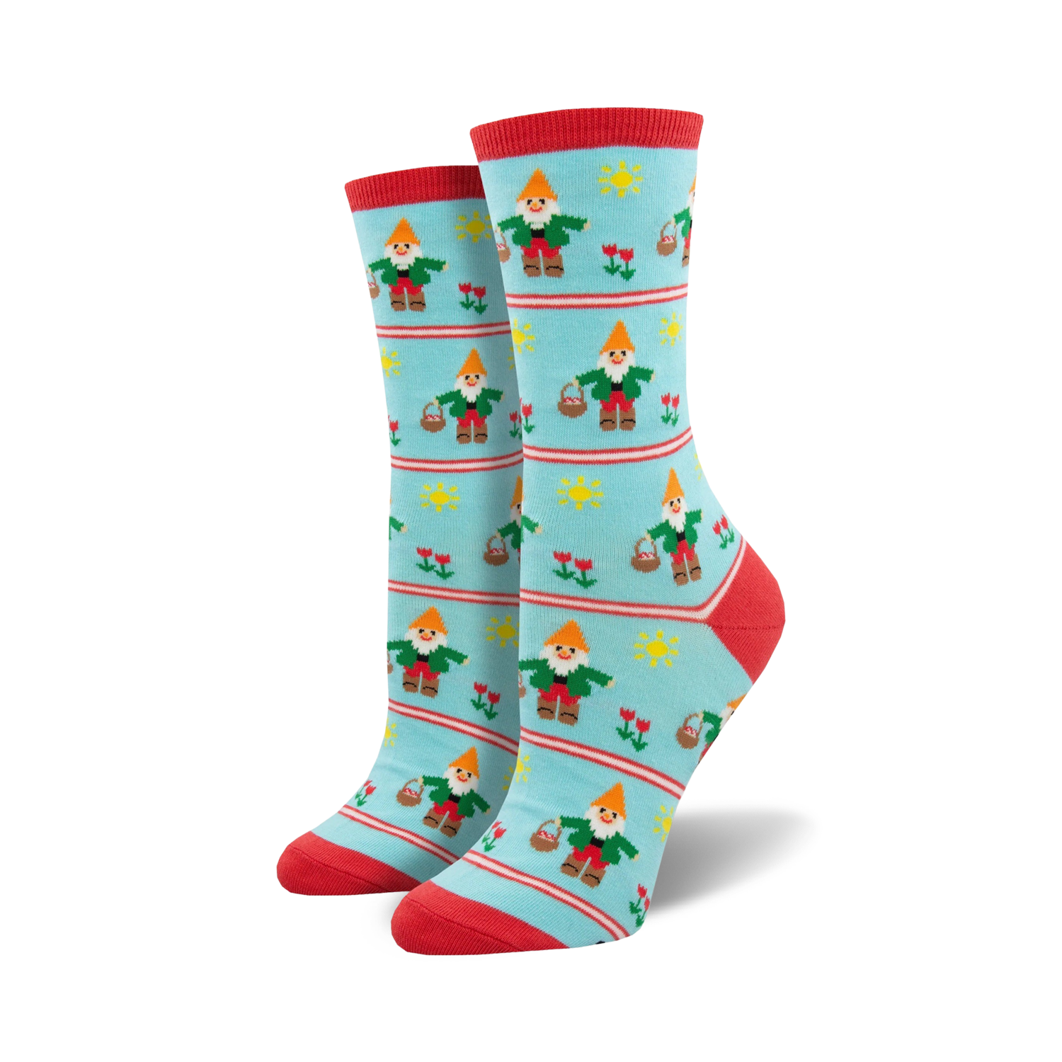 Pair of crew socks in teal and red, featuring a repeating pattern of pixelated garden gnomes carrying baskets, tulips, and suns.