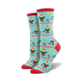  womens crew socks: red capped gnomes, green shirts, yellow baskets, red flowers, yellow suns   