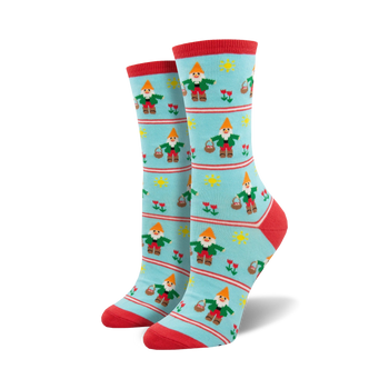  womens crew socks: red capped gnomes, green shirts, yellow baskets, red flowers, yellow suns   