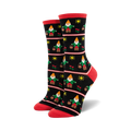 A close-up showcasing the detailed design of the Garden Gnome socks in black and red, highlighting the pixel art style.
