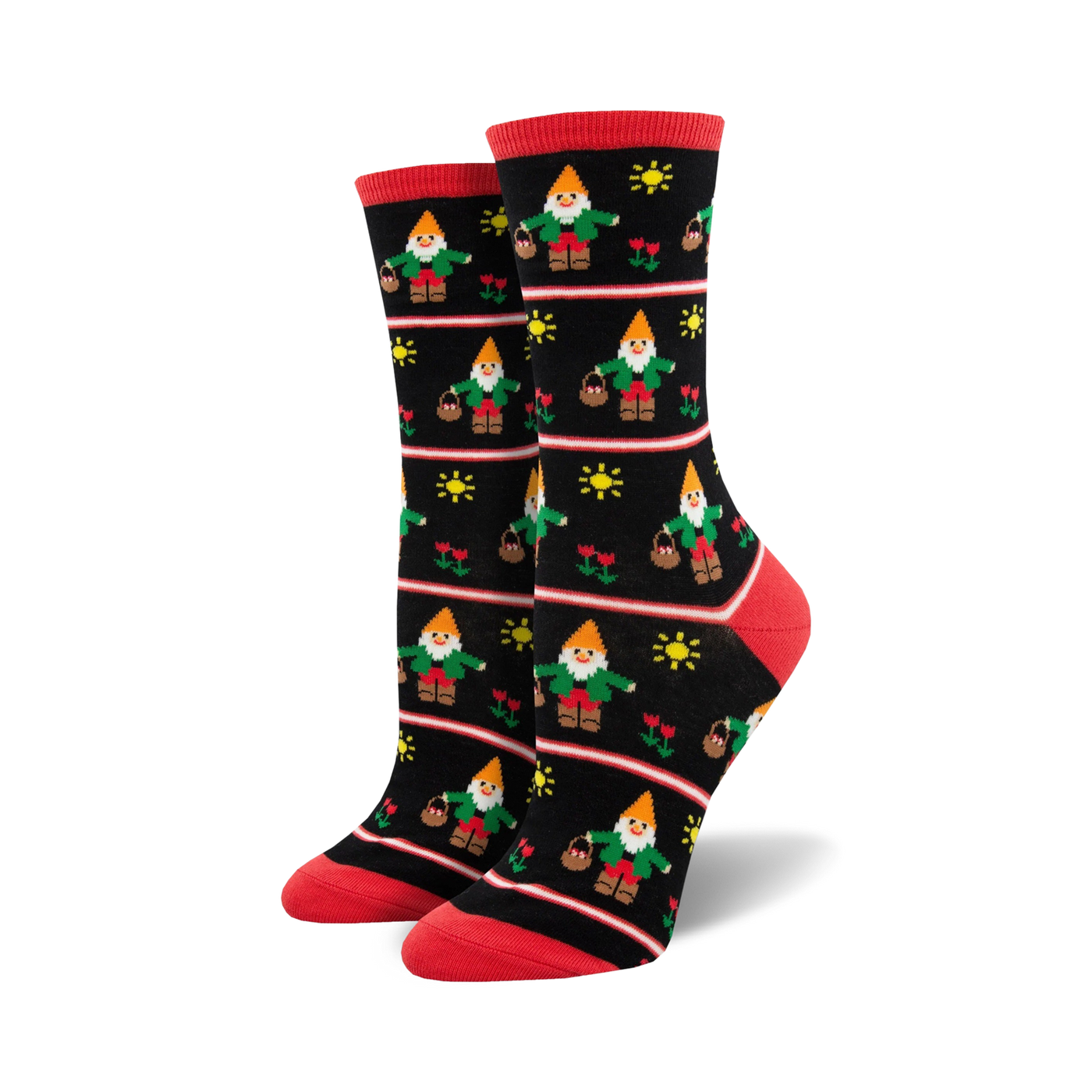 A close-up showcasing the detailed design of the Garden Gnome socks in black and red, highlighting the pixel art style.