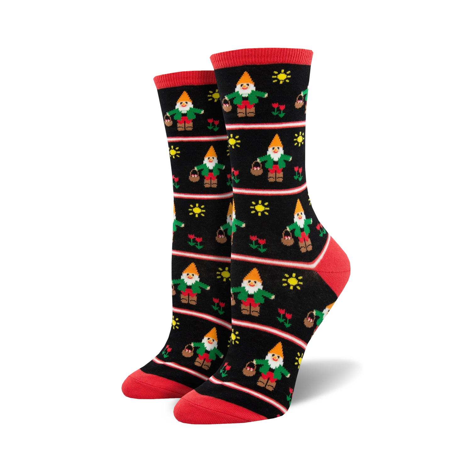 A close-up showcasing the detailed design of the Garden Gnome socks in black and red, highlighting the pixel art style.