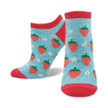 Pair of women's ankle socks in light blue with red strawberries and white flowers. Red and light blue color scheme. 