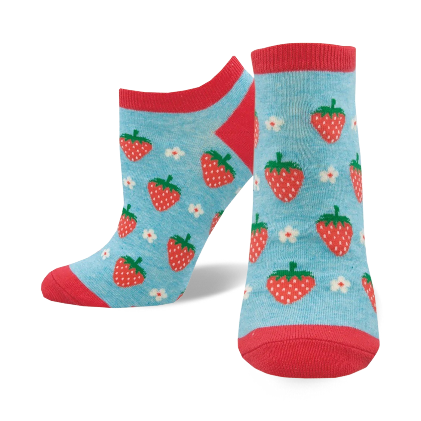 Pair of women's ankle socks in light blue with red strawberries and white flowers. Red and light blue color scheme. 
