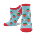 Pair of women's ankle socks in light blue with red strawberries and white flowers. Red and light blue color scheme. 