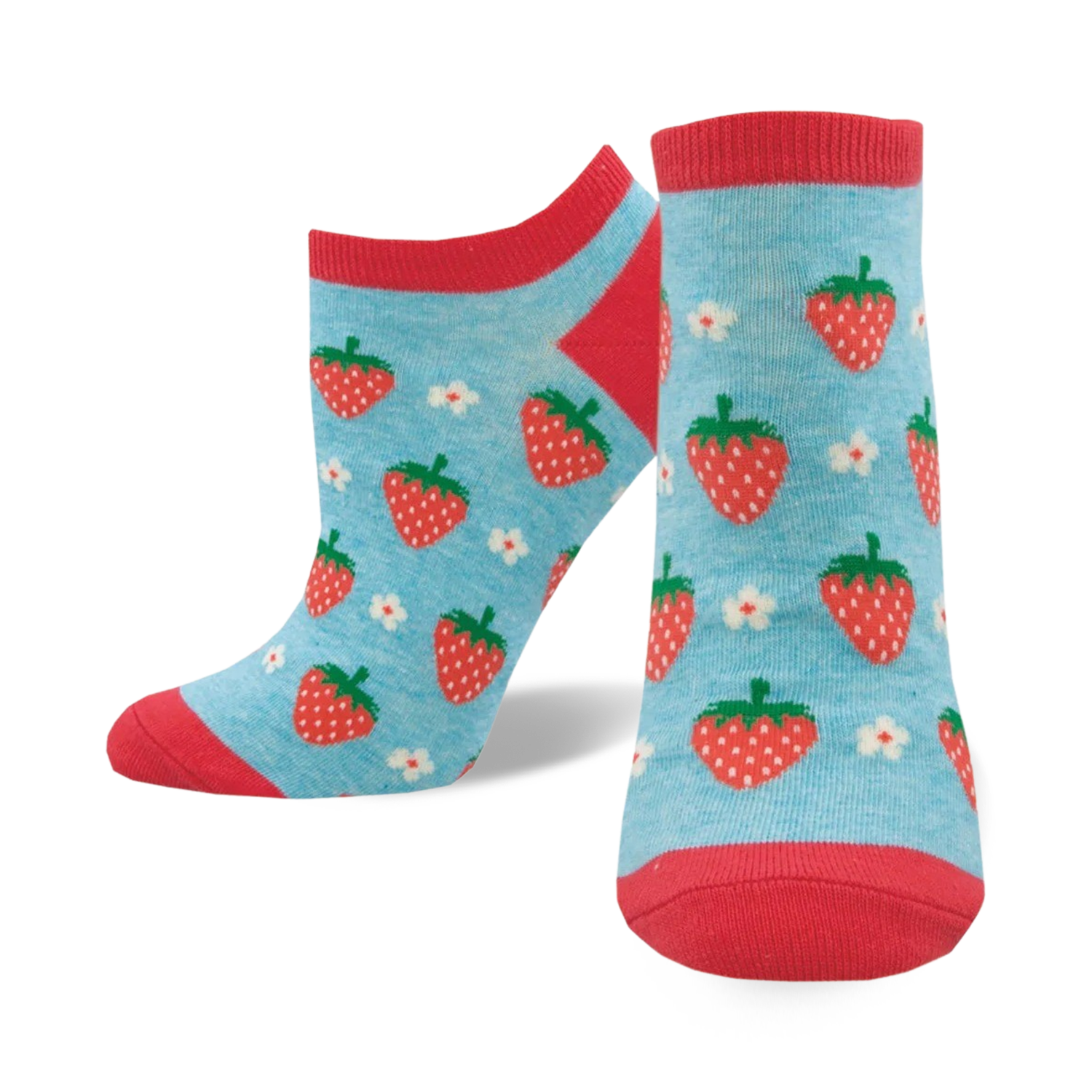 Pair of women's ankle socks in light blue with red strawberries and white flowers. Red and light blue color scheme. 