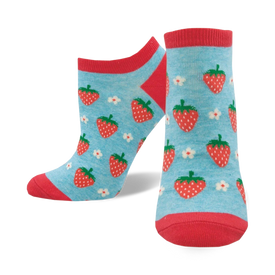 strawberry and flower pattern on blue background. no-show design. women's size. perfect for casual wear or everyday use.  