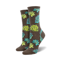 Pair of women's crew socks with a whimsical succulent print.  The socks are brown with teal and lime green succulents.
