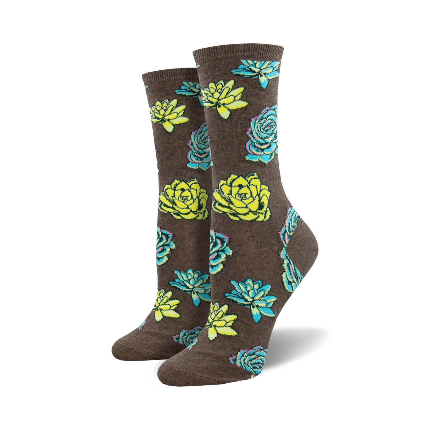 Pair of women's crew socks with a whimsical succulent print.  The socks are brown with teal and lime green succulents.