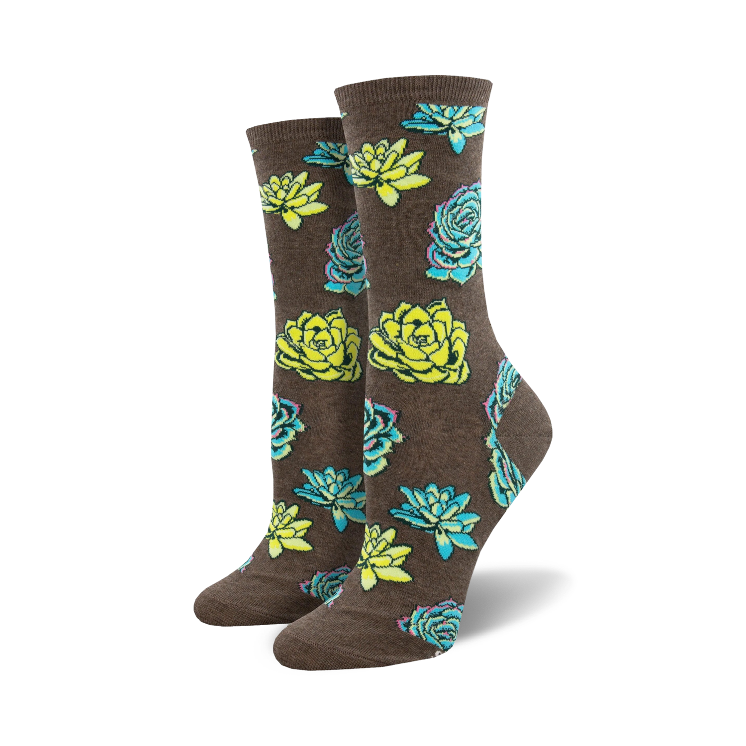 Pair of women's crew socks with a whimsical succulent print.  The socks are brown with teal and lime green succulents.