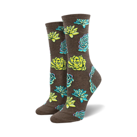 succulents floral themed womens brown novelty crew socks