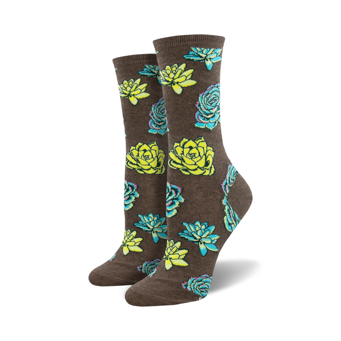 womens novelty floral succulent pattern crew socks - green blue succulents yellow centers  