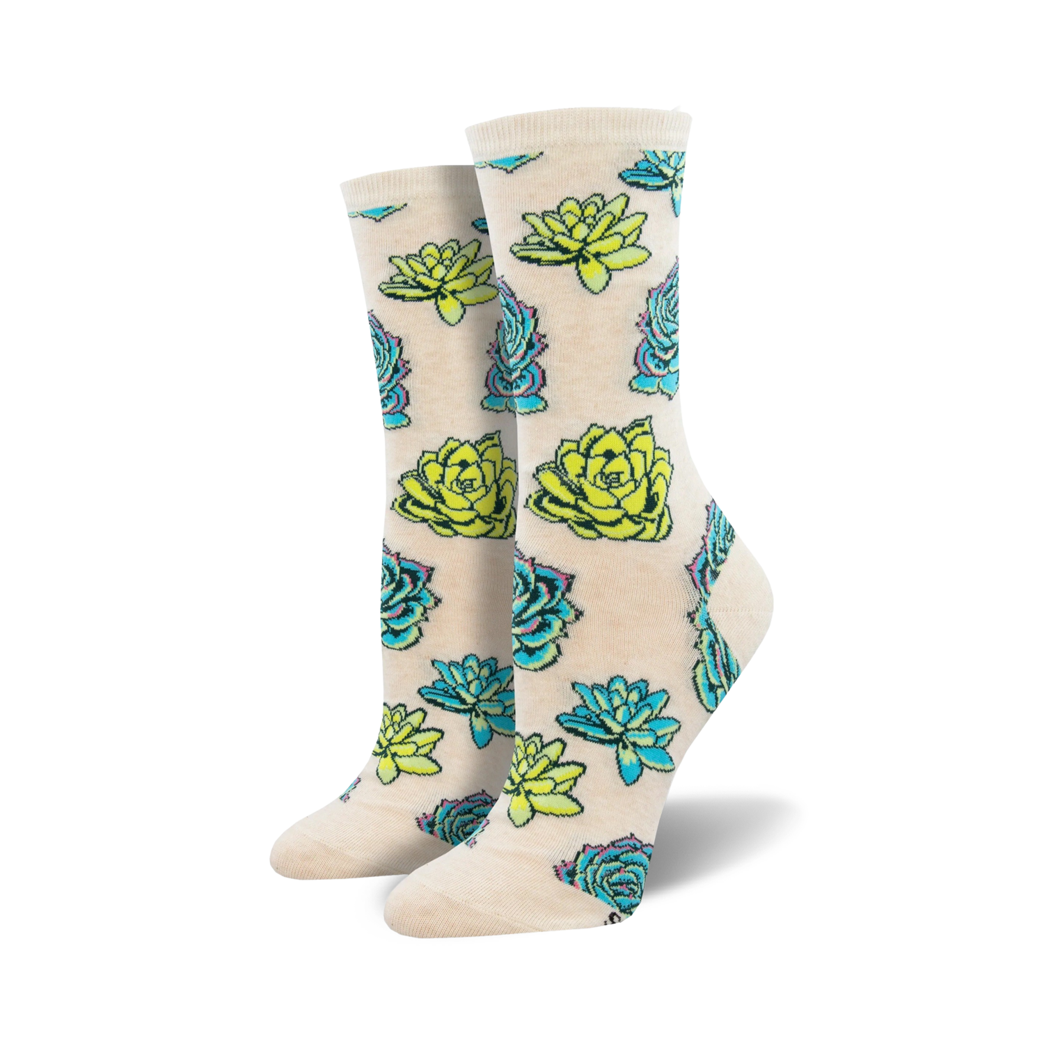Lifestyle shot showing the cream-colored Succulent socks on a model's feet.