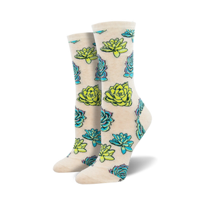 women's crew socks with a pattern of blue and green succulents.    