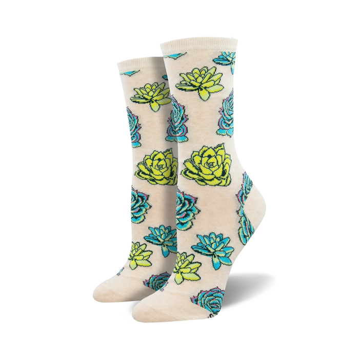 women's crew socks with a pattern of blue and green succulents.    