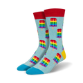 Pair of crew socks with a light blue background featuring repeating rainbow popsicle designs. Red, yellow, and blue accents.