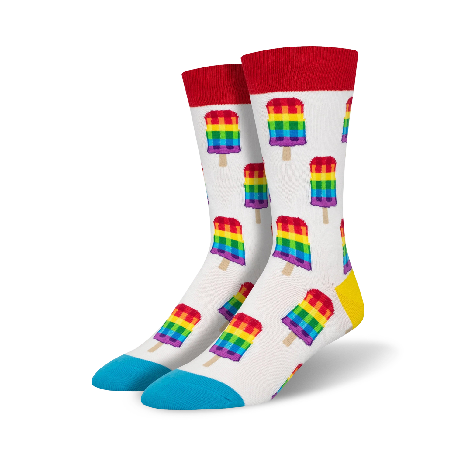Close-up of a pair of white crew socks with a rainbow popsicle pattern. Yellow and light blue accents.