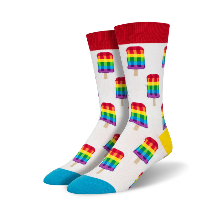 white crew socks with rainbow popsicle pattern. unisex. for pride.   