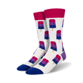 A pair of crew socks with a white background and repeating pattern of bisexual pride flag popsicles.  Colors are pink, purple, and blue.