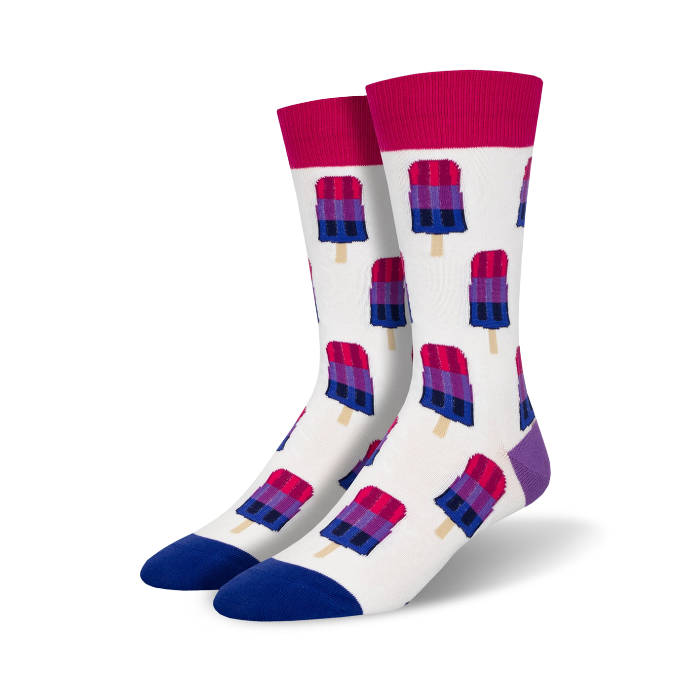 A pair of crew socks with a white background and repeating pattern of bisexual pride flag popsicles.  Colors are pink, purple, and blue.