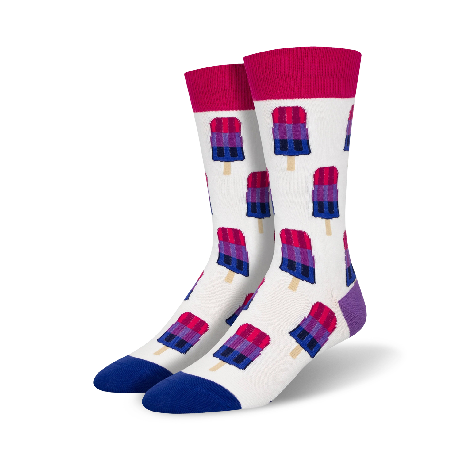 A pair of crew socks with a white background and repeating pattern of bisexual pride flag popsicles.  Colors are pink, purple, and blue.