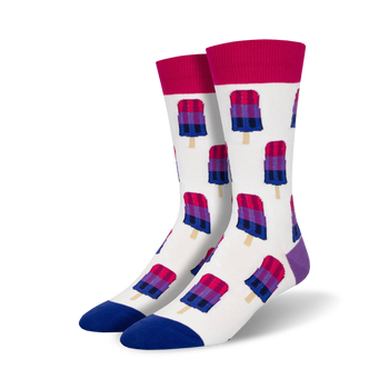 allover popsicle print crew sock in pink, purple, and blue.  