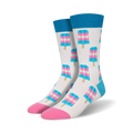 A pair of crew socks with a pattern of pink, light-blue and white popsicles on a white background. The socks have pink and light-blue cuffs.