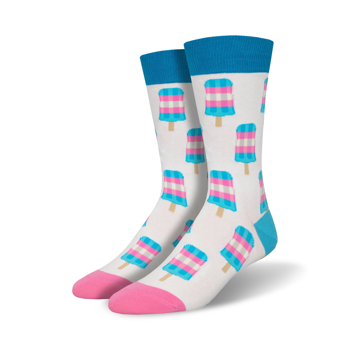 A pair of crew socks with a pattern of pink, light-blue and white popsicles on a white background. The socks have pink and light-blue cuffs.