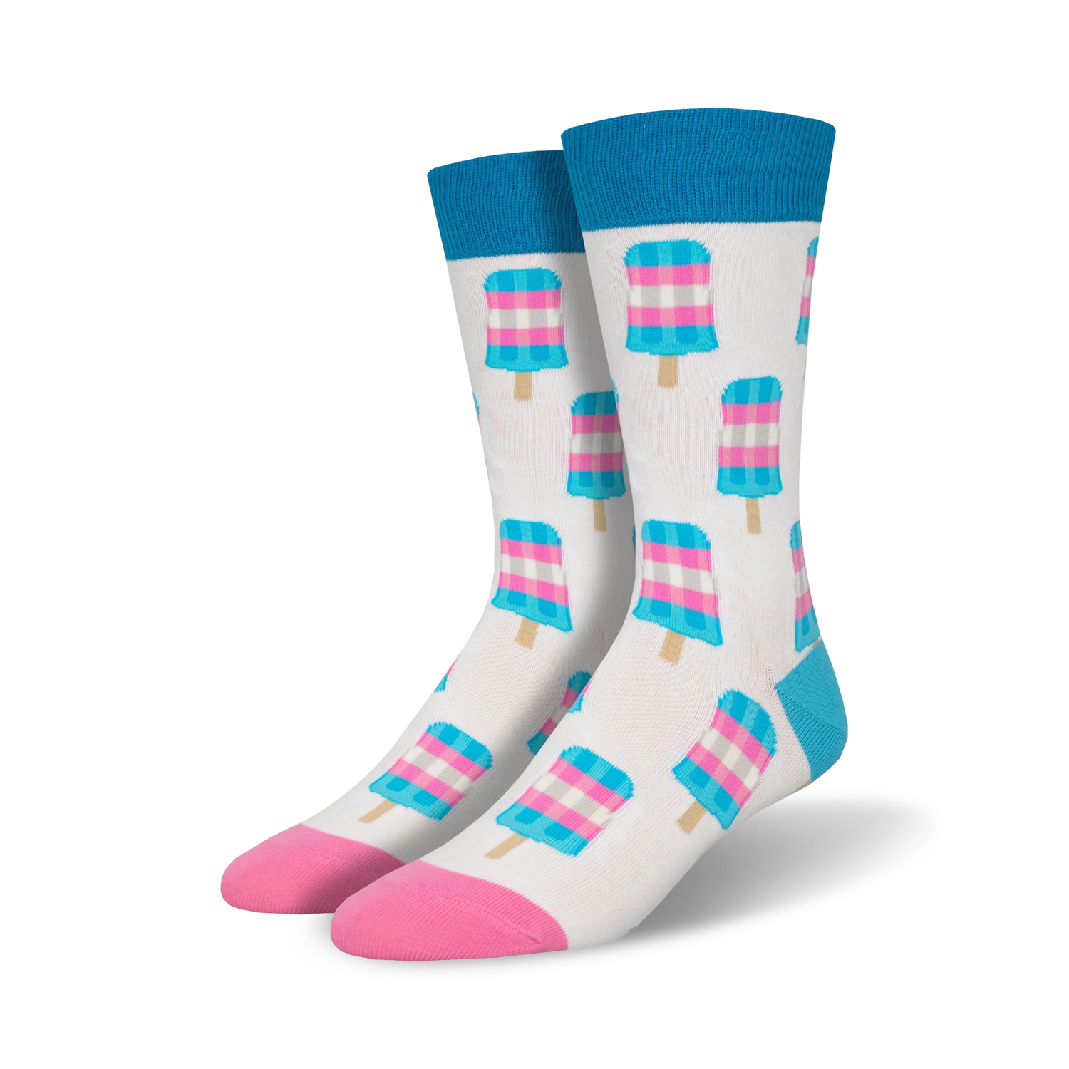 A pair of crew socks with a pattern of pink, light-blue and white popsicles on a white background. The socks have pink and light-blue cuffs.