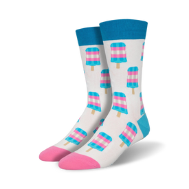 allover popsicle pattern. crew socks for men and women. pink, blue, and white popsicles on a blue toe and heel and pink top.  