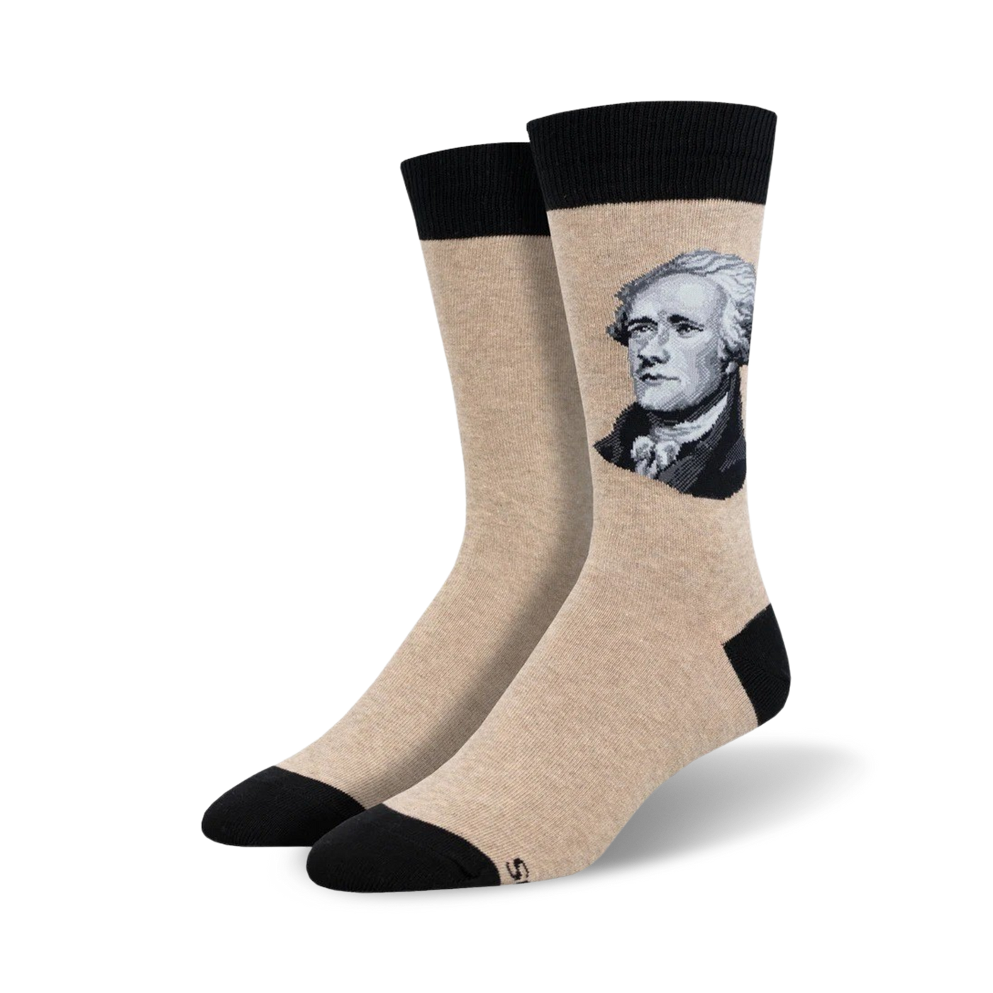 A pair of beige crew socks with a black cuff, featuring a grayscale portrait of Alexander Hamilton.