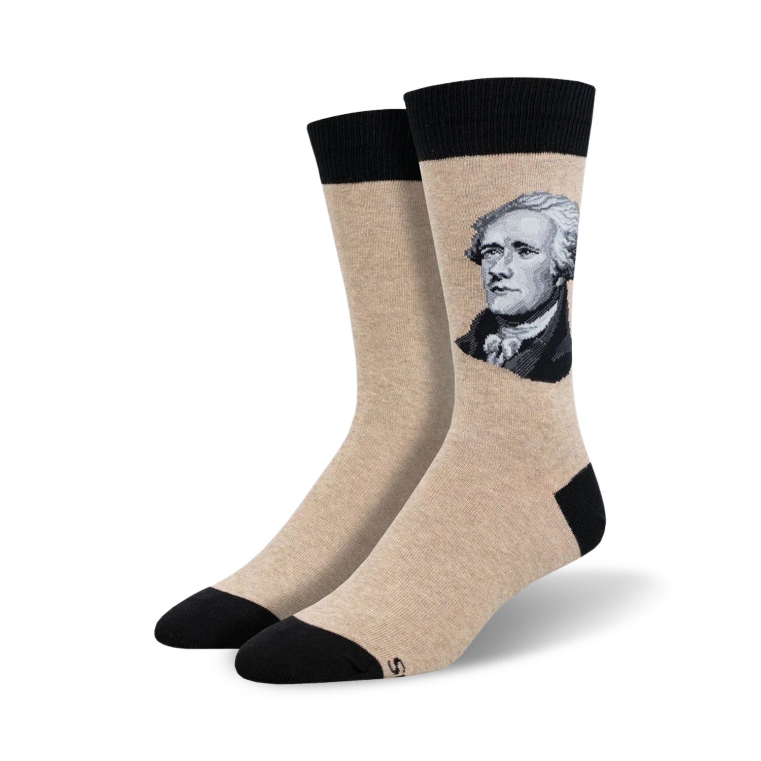 A pair of beige crew socks with a black cuff, featuring a grayscale portrait of Alexander Hamilton.