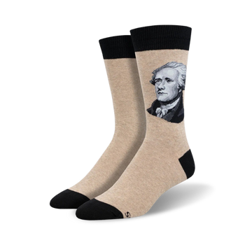 crew socks featuring a portrait of alexander hamilton, available in black, white, and tan.   