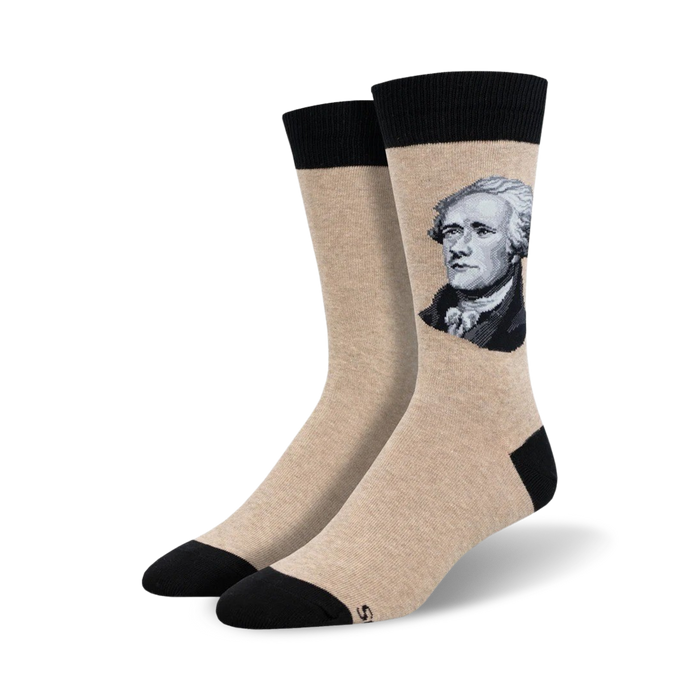 crew socks featuring a portrait of alexander hamilton, available in black, white, and tan.    }}