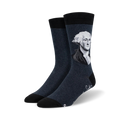 Pair of navy blue crew socks with a grayscale portrait of George Washington and his signature. 