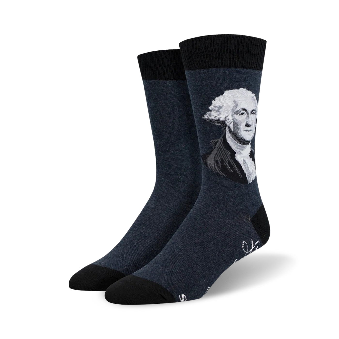 Pair of navy blue crew socks with a grayscale portrait of George Washington and his signature. 