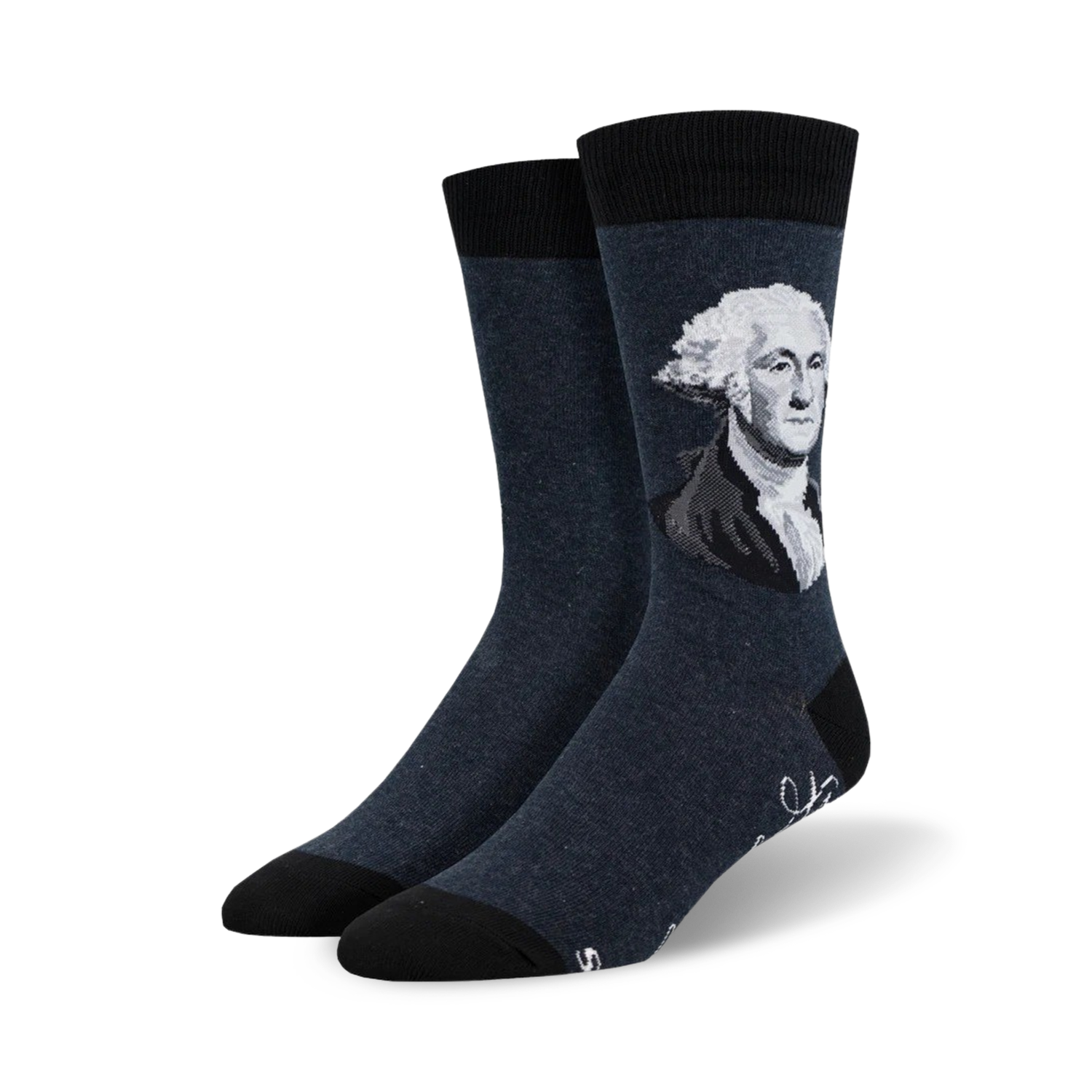 Pair of navy blue crew socks with a grayscale portrait of George Washington and his signature. 