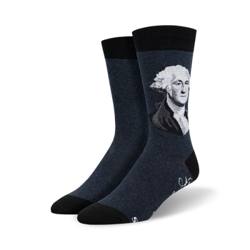dark blue crew-length socks with a george washington portrait.  