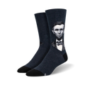 Pair of dark navy blue crew socks with a grayscale portrait of Abraham Lincoln.  The socks have black soles.