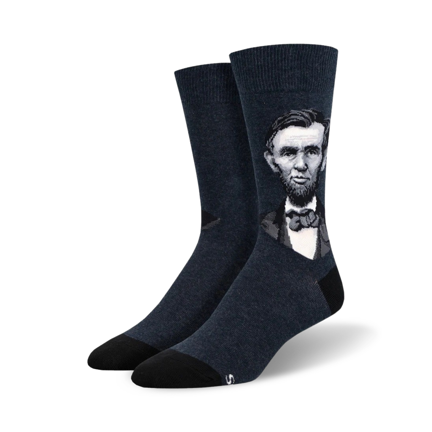 Pair of dark navy blue crew socks with a grayscale portrait of Abraham Lincoln.  The socks have black soles.