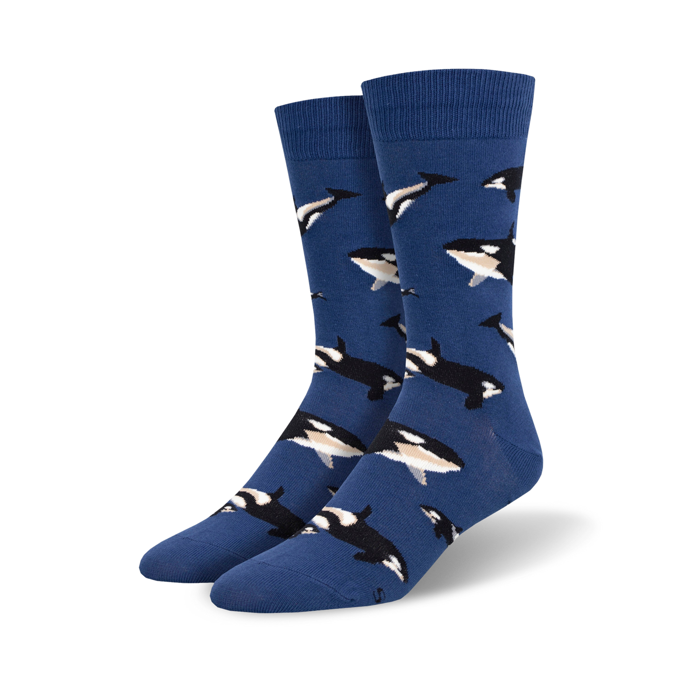 Pair of blue crew socks adorned with a repeating pattern of orcas in black and white.  A fun, whimsical design.