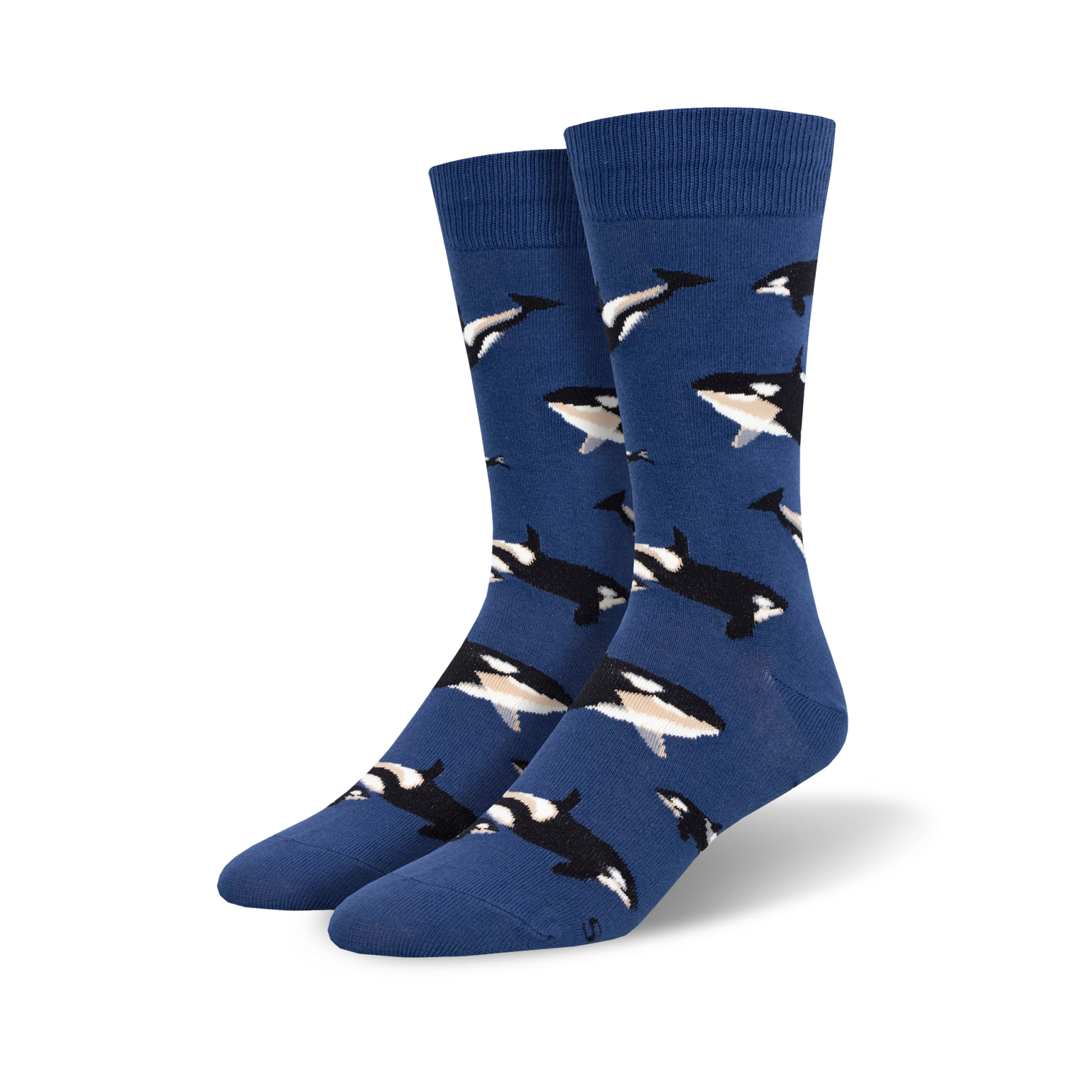 Pair of blue crew socks adorned with a repeating pattern of orcas in black and white.  A fun, whimsical design.