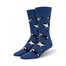 blue crew socks with orca pattern.   