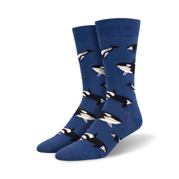 blue crew socks with orca pattern.   