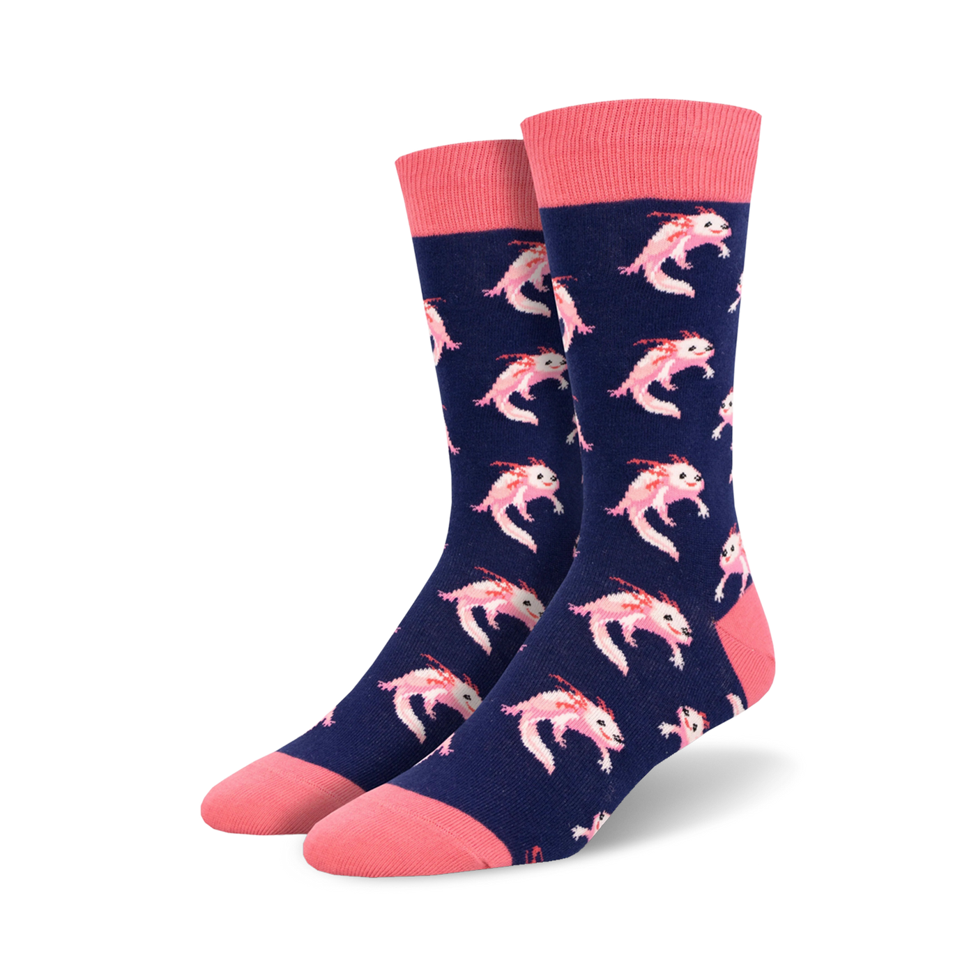 Pair of navy blue crew socks with a repeating pattern of pink axolotls.  The socks have coral pink cuffs.