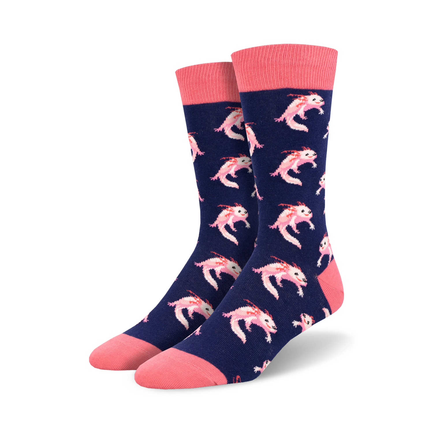 Pair of navy blue crew socks with a repeating pattern of pink axolotls.  The socks have coral pink cuffs.