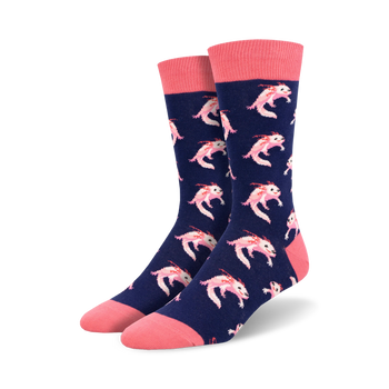 blue crew socks with pink toes, cuffs, and axolotl pattern.   